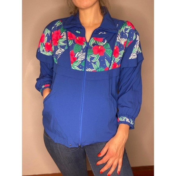 VINTAGE Blue Barbie Bomber Jacket Hibiscus Hawaiian Small - Picture 3 of 7